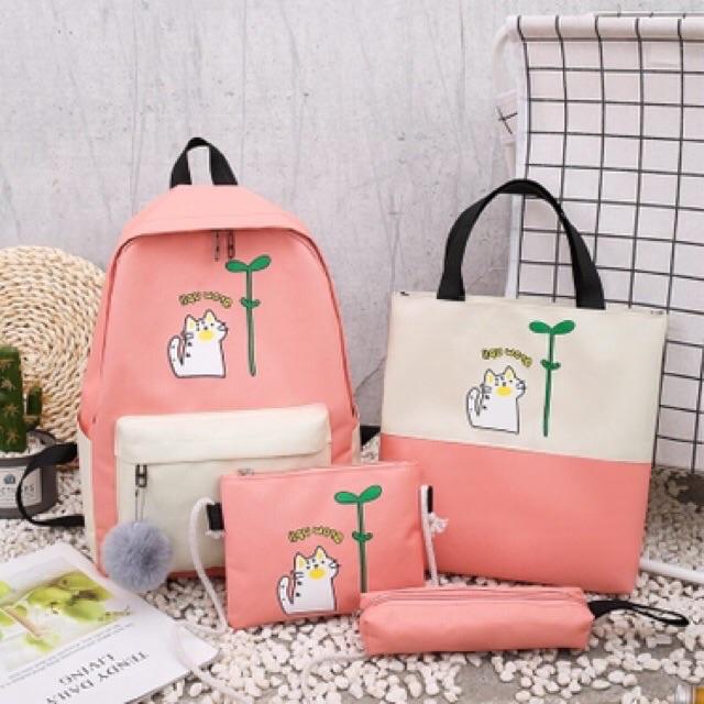 Balo nữ combo 4 món đi học thời trang sinh viên học sinh ba lô set cặp thời trang đựng laptop Balo Set 4 Món Chú Mèo Cây Mầm balo nữ vải