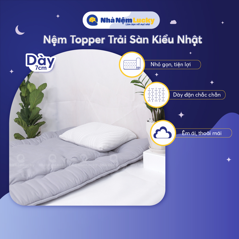 Nệm Trải Sàn Topper Kiểu Nhật 7cm - Nệm êm ái, nhỏ gọn, tiện lợi - 6 Kích Thước