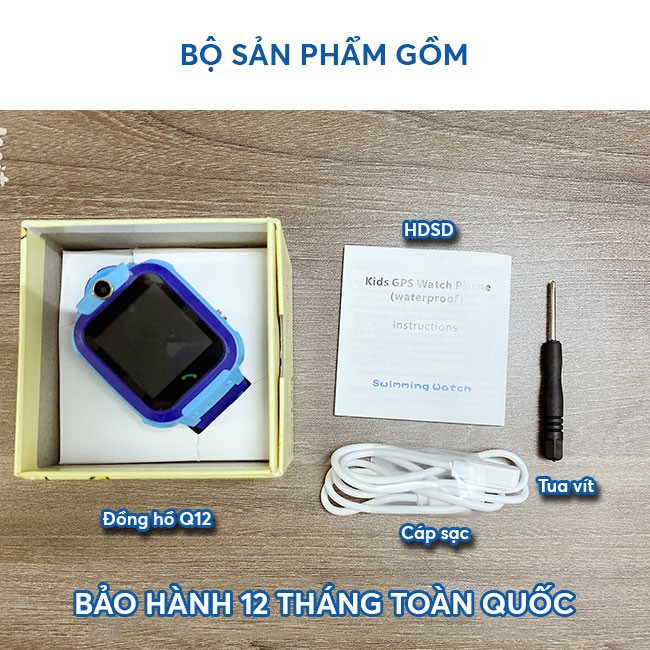 Đồng hồ định vị trẻ em Q12 chân sạc Micro lắp sim nghe gọi, định vị, chống nước IP67, có camera quay phim chụp ảnh hỗ trợ tiếng Việt