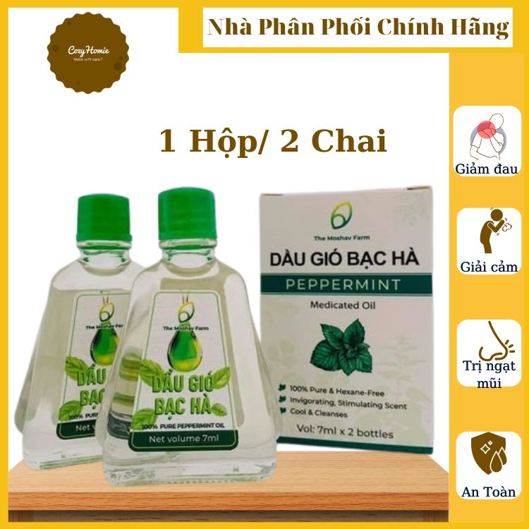 Dầu Gió Bạc Hà The Moshav Farm Chiết Xuất Hoàn Toàn Từ Thiên Nhiên Hộp Hai Chai 7 ml Giải Trừ Ngạt Mũi Giải Cảm Đau Đầu Cảm Lạnh Đau Nhức Xương Vết Côn Trùng Cắn