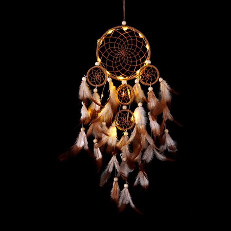 Dreamcatcher lông vũ gắn đèn, Đèn led trang trí phòng ngủ treo tường