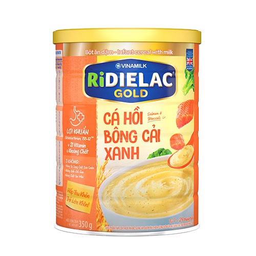 BỘT ĂN DẶM RIDIELAC GOLD CÁ HỒI BÔNG CẢI XANH - HỘP THIẾC 350G