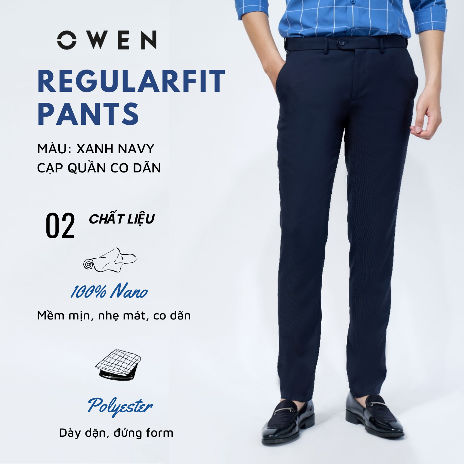 OWEN - Quần âu nam màu xanh đen Regular fit cạp tăng đơ co dãn