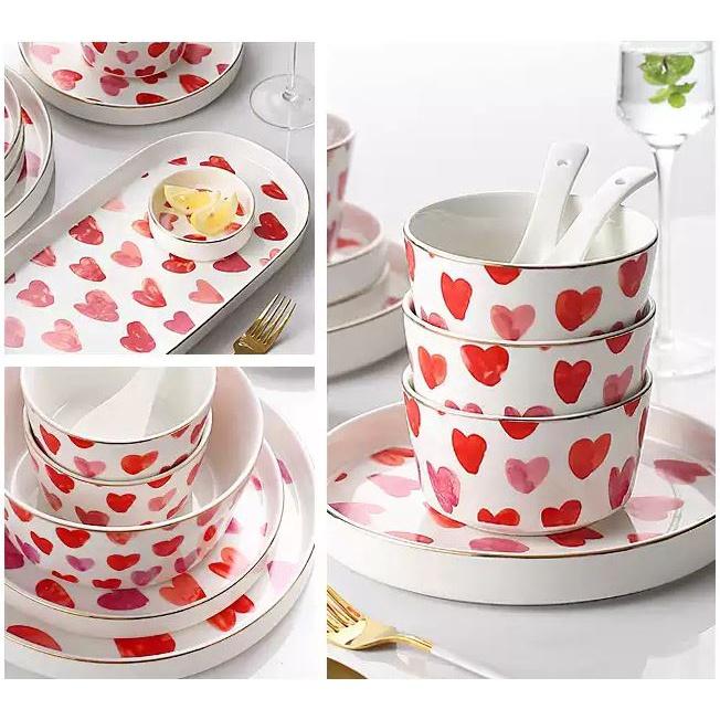 Bộ Chén Dĩa Sứ phong cách Bắc Âu Cao Cấp Tim đỏ viền vàng Decor