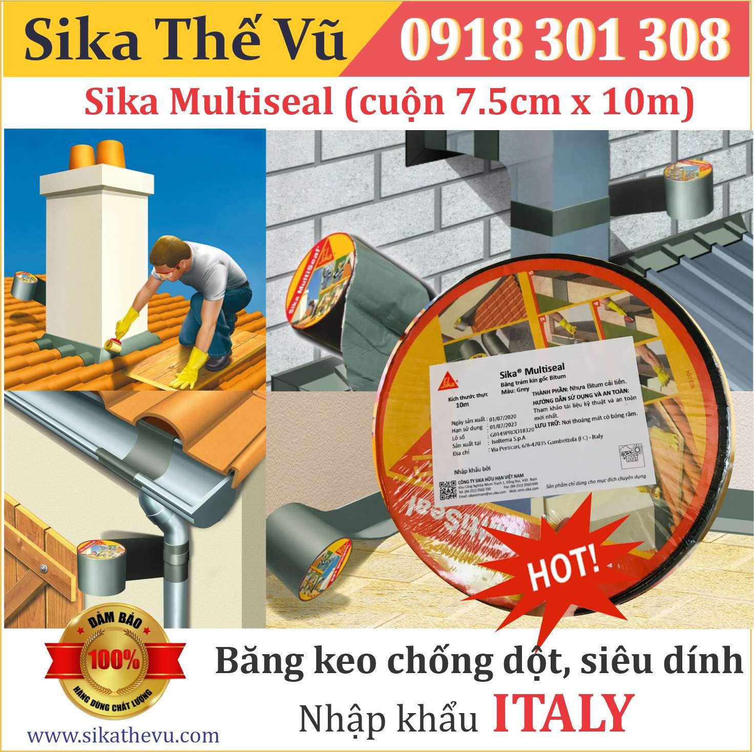 Băng keo chống dột, Chống thấm siêu dính, dùng được trên mọi vật liệu - Sika Multiseal (cuộn 7.5cm x 10m)