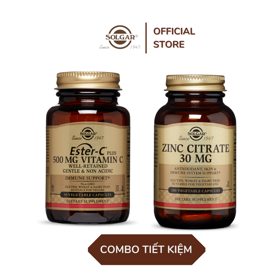 Combo Nam Giới - Solgar Zinc Kẽm Citrate 30 MG + Ester C , VItamin C Thế Hệ Mới, Tăng Hốc Môn Nam, Cải Thiện Sinh Lý
