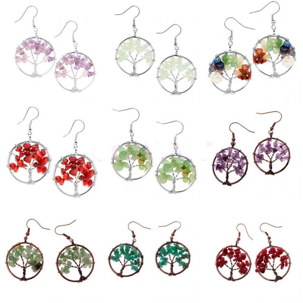 1 Pair Gemstone Chakra Reiki Healing Tree of Life Copper Metal Hook Earrings