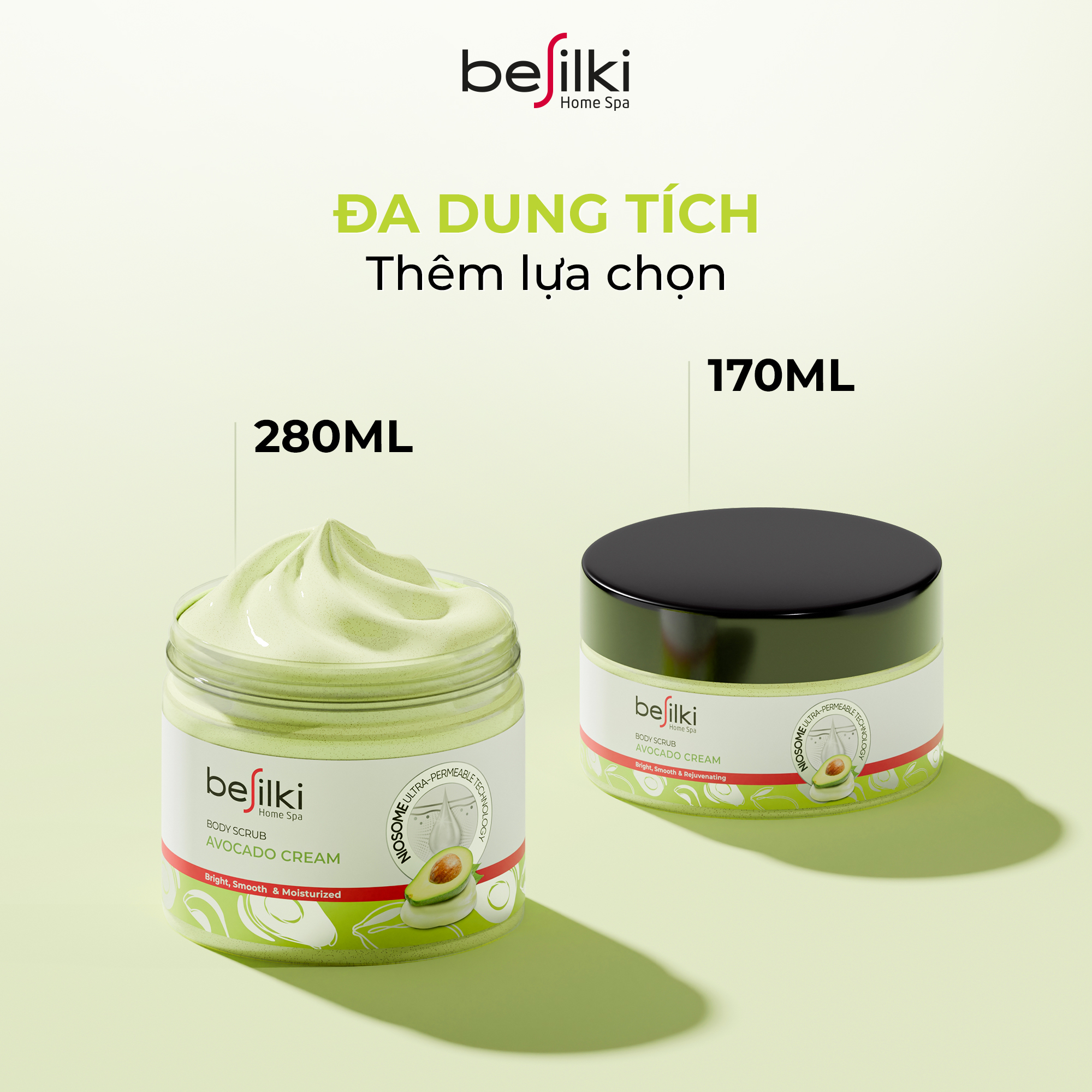 Tẩy da chết Body Bơ Tươi BESILKI 3in1 sáng mịn, ẩm mượt 170ml, 280ml