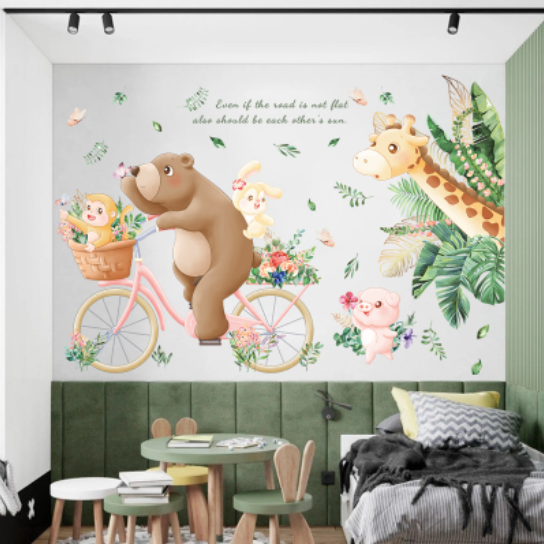 Decal trang trí tường - Chú gấu nâu đạp xe đạp và những người bạn