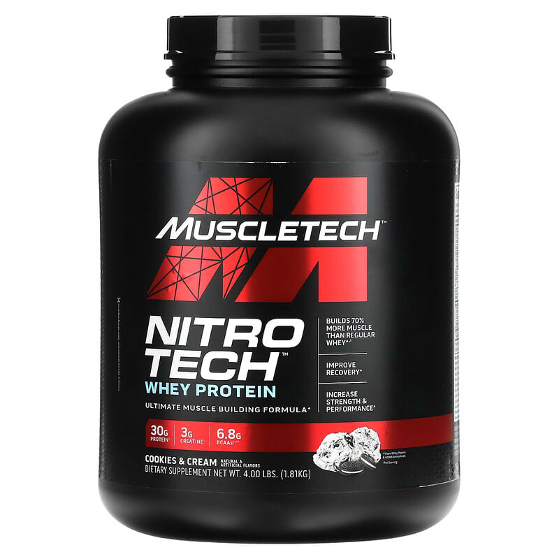 Sữa WHEY PROTEIN Tăng Cơ Tăng sức mạnh Nitro Tech 4lbs (1.81kg) - NHIỀU MÙI VỊ - KÈM QUÀ TẶNG – Bổ sung nguồn Protein chất lượng cao hỗ trợ phát triển cơ bắp to + dày - Hàng chính hãng - Thương hiệu Muscletech USA