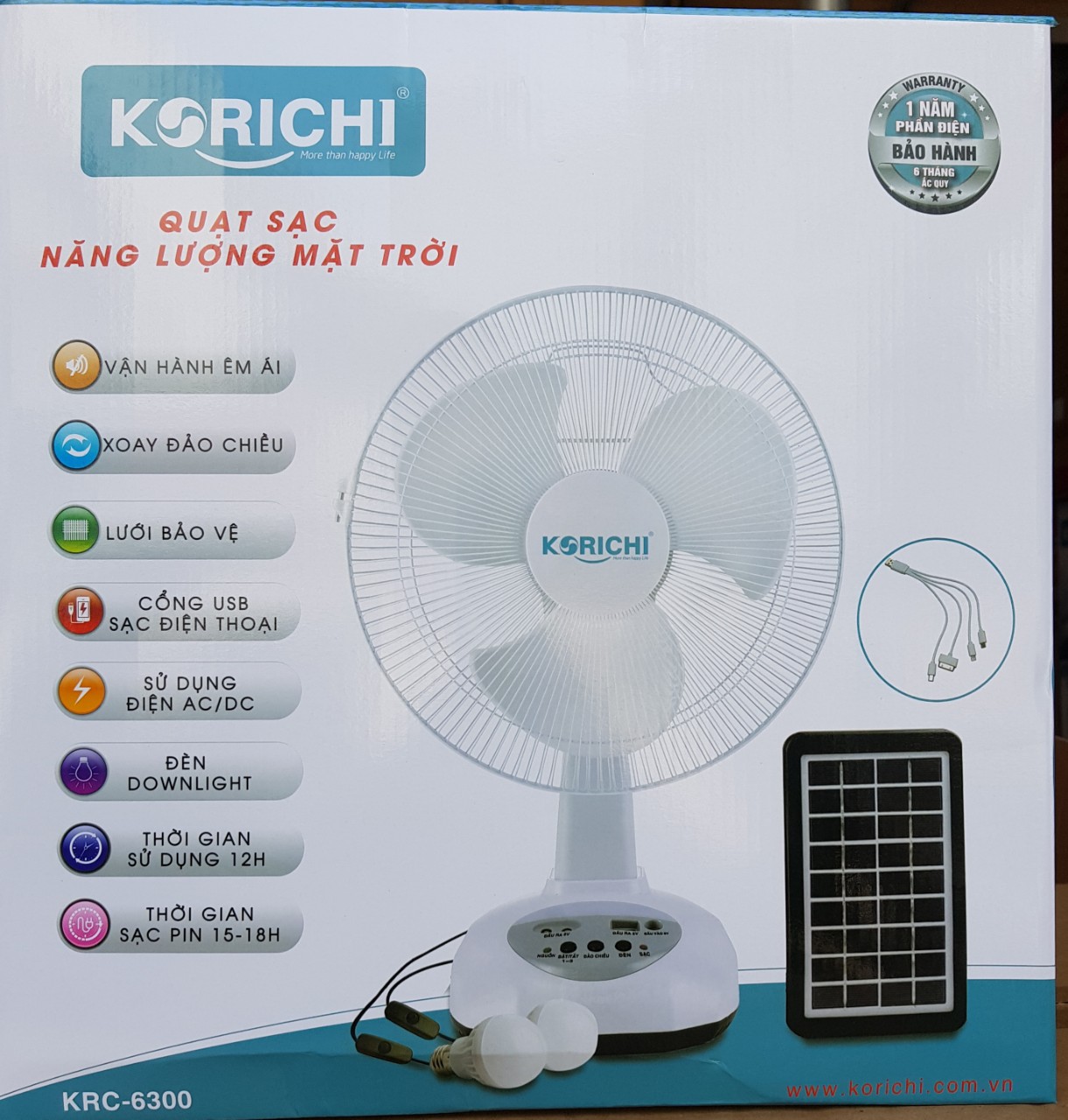 QUẠT SẠC NĂNG LƯƠNG MẶT TRỜI, ĐA NĂNG - KORICHI KRC6300 - HÀNG CHÍNH HÃNG - Tặng kèm 2 bóng điện, Dây Usb sạc điện thoại