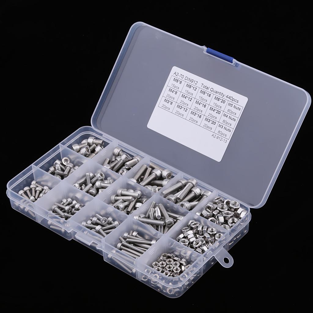 New 440pcs M3 M4 M5 304 Stainless Steel Hex Socket Head Bolts Screws Nuts Kit