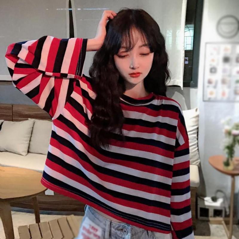 Áo thun tay dài cổ tròn hoạ tiết kẻ sọc thiết kế dáng rộng thoải mái