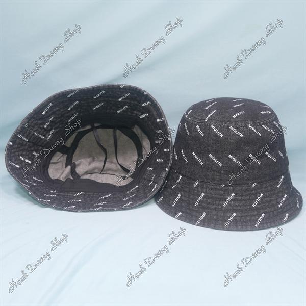 Nón tai bèo jean hàng quảng châu vòng đầu 57-58cm, mũ bucket in chữ Miglith vành rộng 6cm có dây rút phía trong - Đen