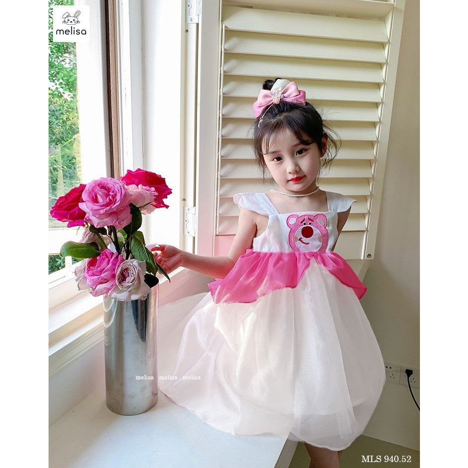 Đầm công chúa gấu dâu Lotso cho bé gái từ 12-35kg chất voan mềm mát