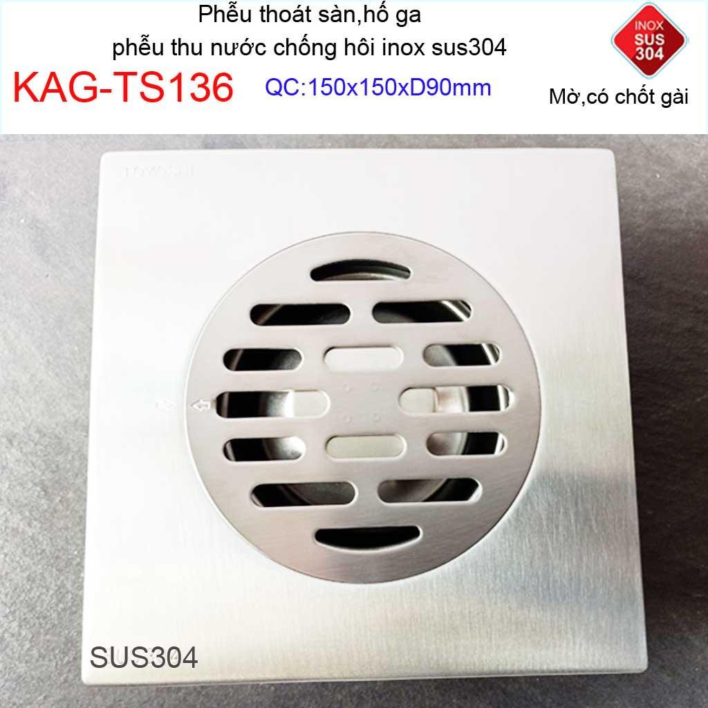 Phễu thoát sàn chống mùi hôi có chốt gài, Phễu thu nước inox 304, thoát sàn Kace 15D90 KAG-TS136