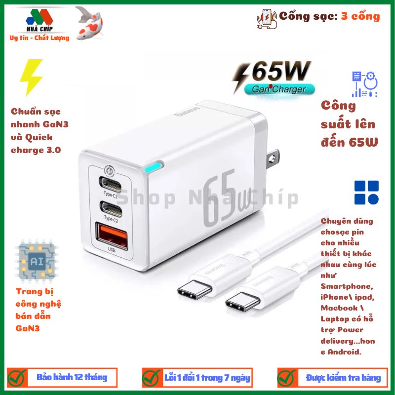 Bộ sạc nhanh Baseus Gan3 Pro Quick Charger 65W Type Cx2 + USB 65W kèm cáp Type-C to Type-C 1M 100W  tiêu chuẩn an toàn cao- Hàng chính hãng