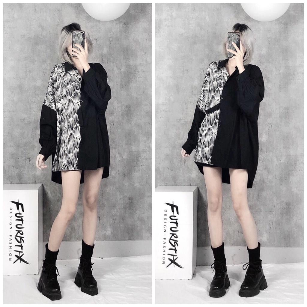 Sơmi White And Black Mix Nửa Thân, Áo sơ mi nữ form rộng phối lụa hàn họa tiết