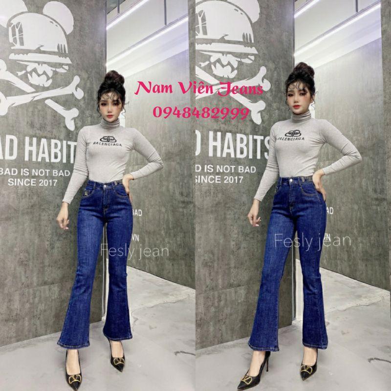 Quần Jeans Nữ Ống Loe Thêu Cạp Lưng Cao