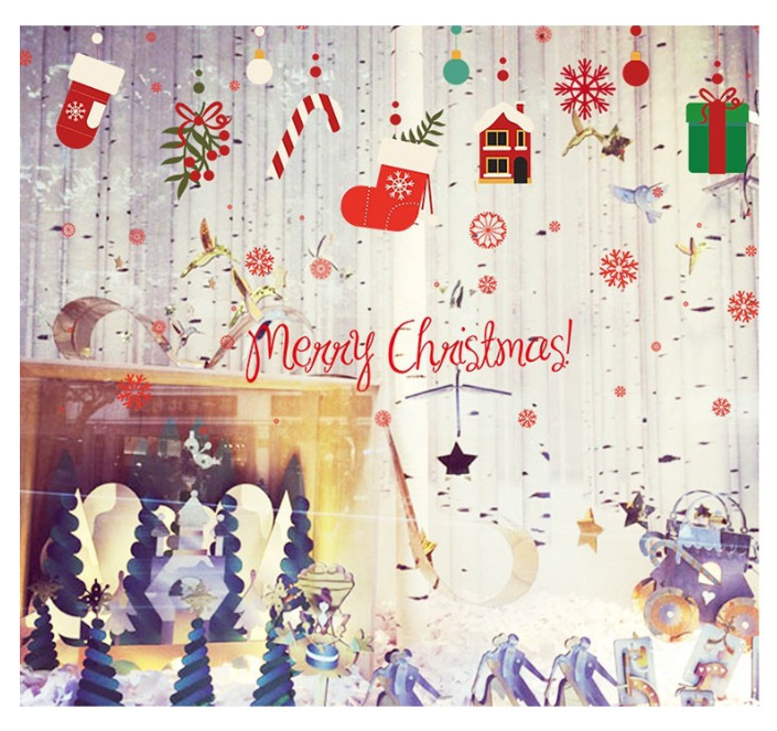Decal dán tường trang trí - rèm dây treo quà và vớ noel vui nhộn