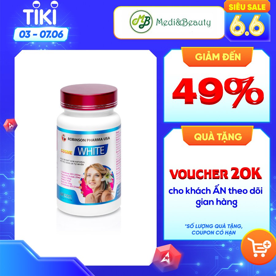 TPCN Hỗ trợ làm trắng sáng da,hạn chế lão hóa và giảm thâm nám cho da COSME WHITE - MediBeauty - Robinson Pharma usa-chai 60 viên TẶNG 1 áo mưa dù cao cấp