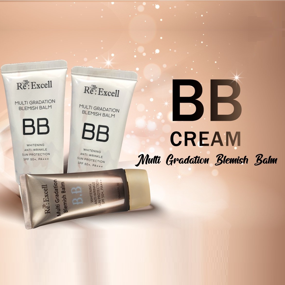 BBCream Re:Excell 4 in1 Hàn Quốc Multi Gradation Blemish Balm R&amp;B kem nền, kem lót trang điểm, che phủ khuyết điểm, chống nắng, bật tone da sáng mịn tự nhiên, không bí bết, không lộ vân kem, 50ml