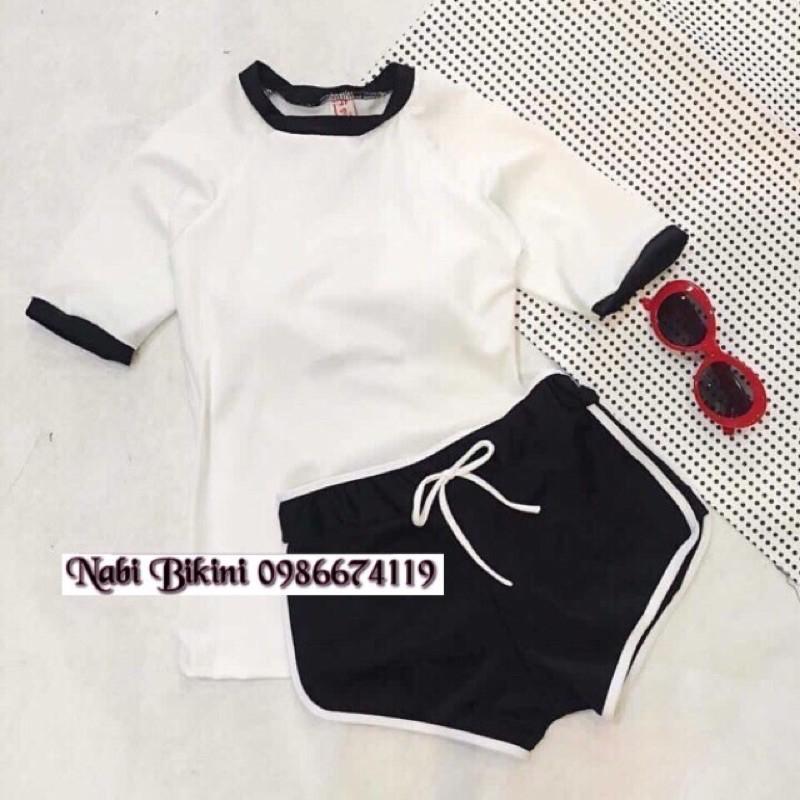 Bikini đi biển có tay- đồ bơi nữ tay ngắn kín đáo đen viền trắng