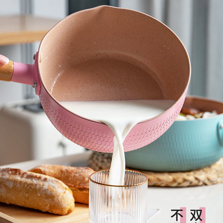 Chảo chống dính đáy lòng sâu có tay cầm cán gỗ chống bỏng màu pastel lúa mạch, kích thước 18cm