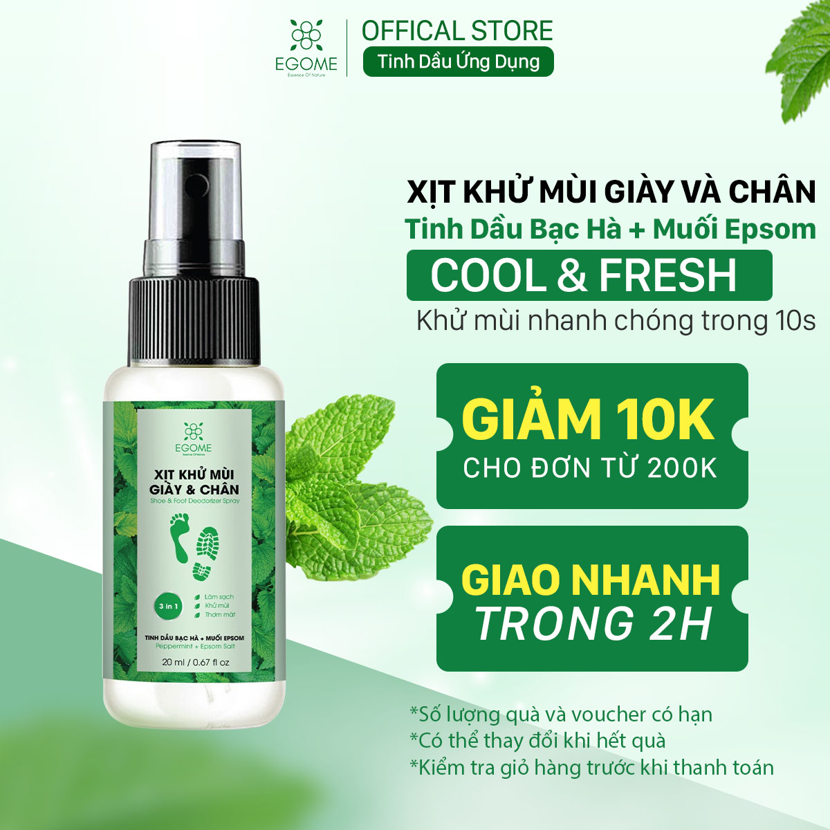 Xịt Khử Mùi Giày Và Chân Egome Tinh Dầu Bạc Hà làm sạch và thơm mát 20ml