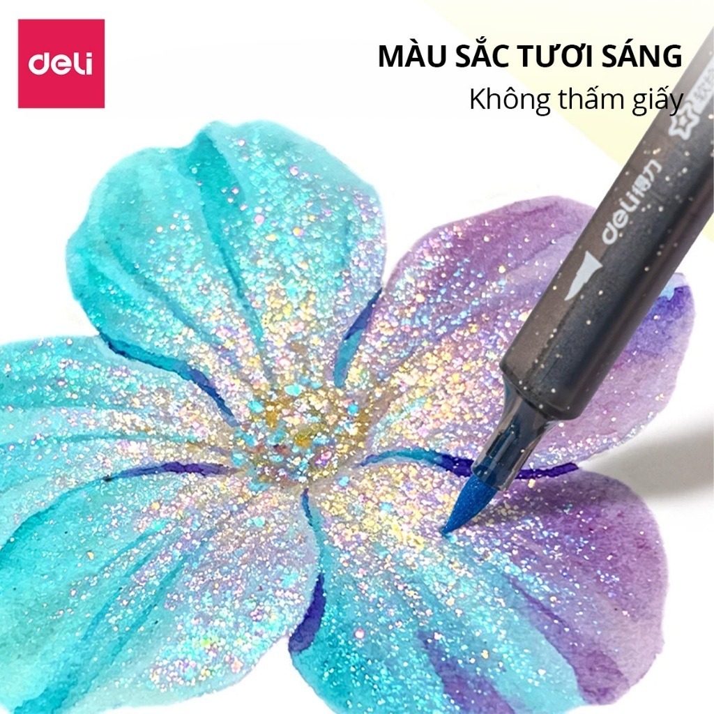 [SALE 39K] Bút Marker Nhũ Kim Tuyến 1 Đầu 12/24/36/48 Màu Deli Mềm Ngòi Nhũ Sáng Màu Vẽ Anime, Bullet Journal
