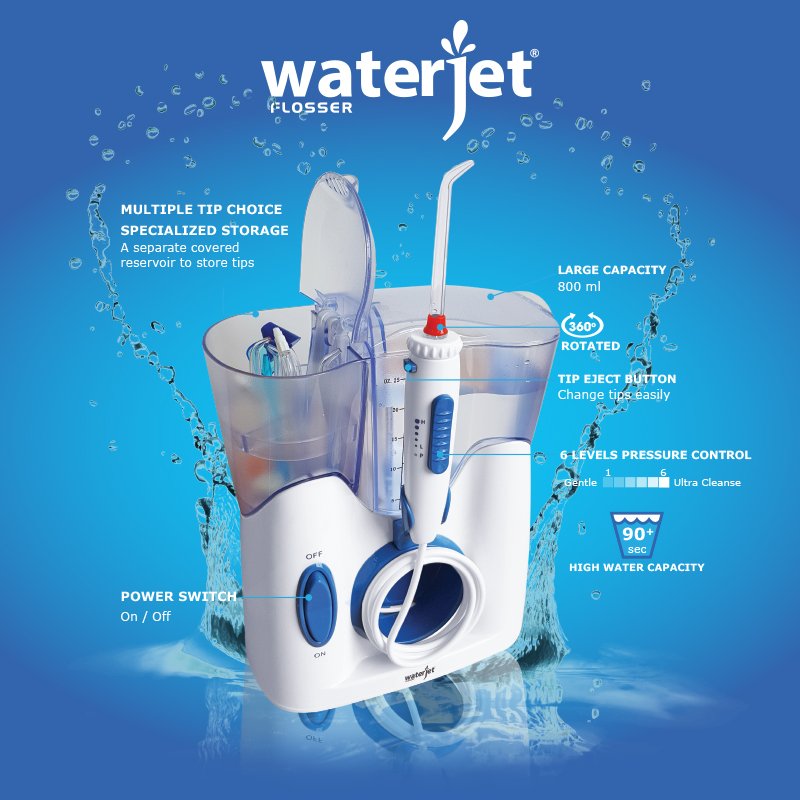 Máy tăm nước gia đình Waterjet Flosser Ultra (12 đầu tăm, dùng được cho người niềng răng, có đầu cạo lưỡi, đầu hút mũi)