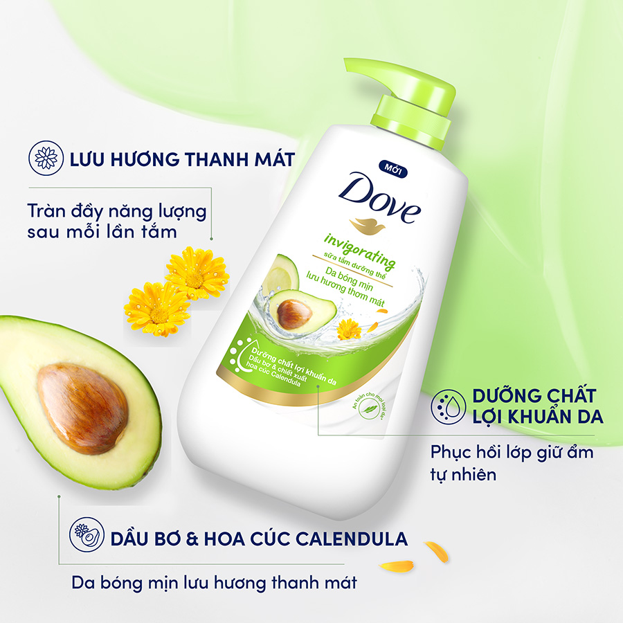 Sữa tắm dưỡng thể Dove Invigorating Da bóng mịn thơm mát với dầu bơ và hoa cúc Calendular 500g