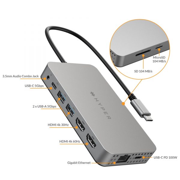 CỔNG CHUYỂN HYPERDRIVE DUAL 4K HDMI 10-IN-1 (2 MÀN HÌNH) USB-C HUB DÀNH CHO MACBOOK M1 HDM1H - HÀNG CHÍNH HÃNG