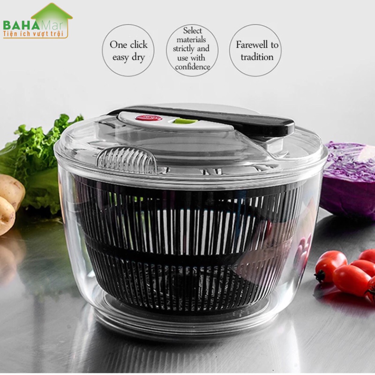 CHẬU ĐA NĂNG RỬA VÀ QUAY VẮT KHÔ RAU CỦ QUẢ THEO NGUYÊN LÝ ĐÒN BẨY có thể xoay nhiều món salad và rau tại cùng thời gian, tay nắm ấn đẩy có thể dễ dàng làm sạch và làm khô rau.