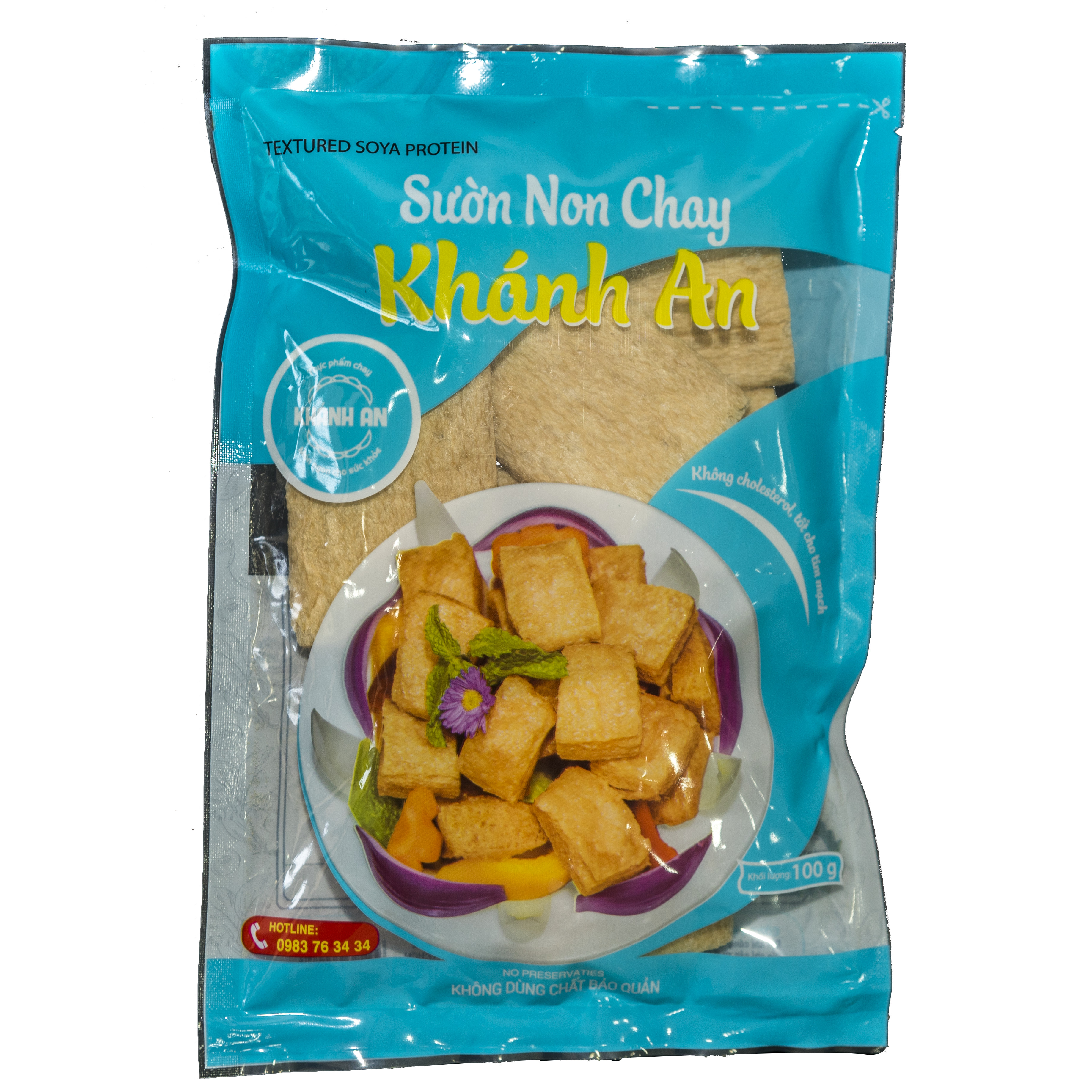 Sườn non chay Khánh An 100g. Hàng chính hãng, sản xuất tại Việt Nam, nguyên liệu đảm bảo an toàn, không sử dụng chất biến đổi gen và chất bảo quản. Hàm lượng Protein cao.