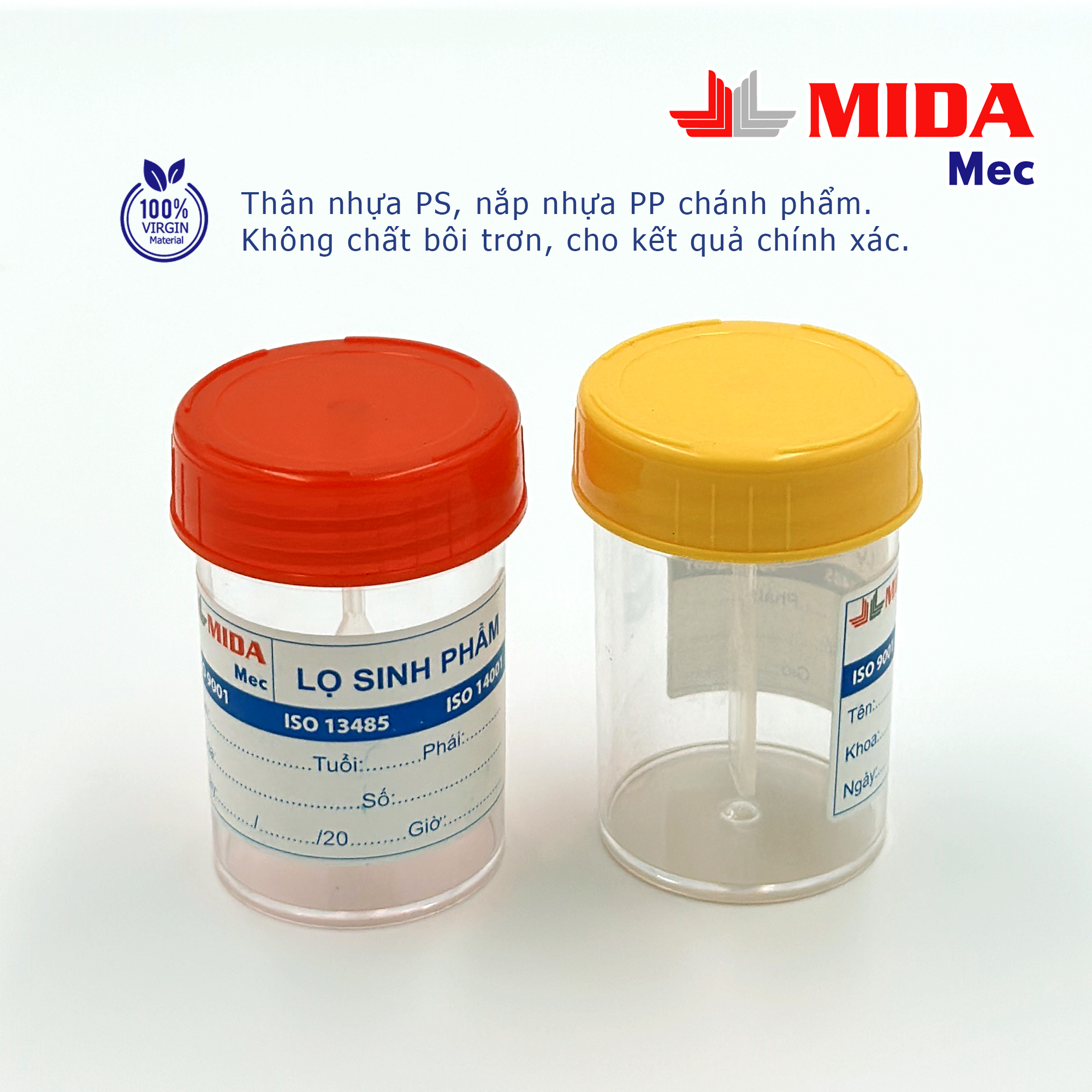 Lọ đựng mẫu bệnh phẩm MidaMec có gá 40ml PS đóng gói 100 lọ/bao - Nắp Vàng