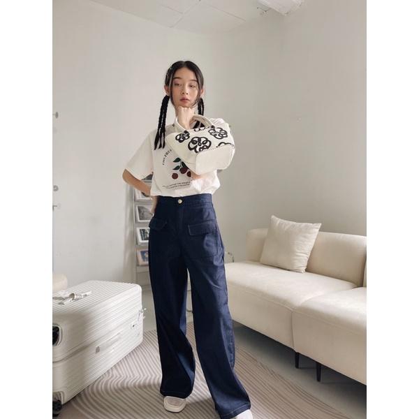 Kuchimachic- Quần vải giả Denim màu xanh đen hai túi trước MÃ KUQ03