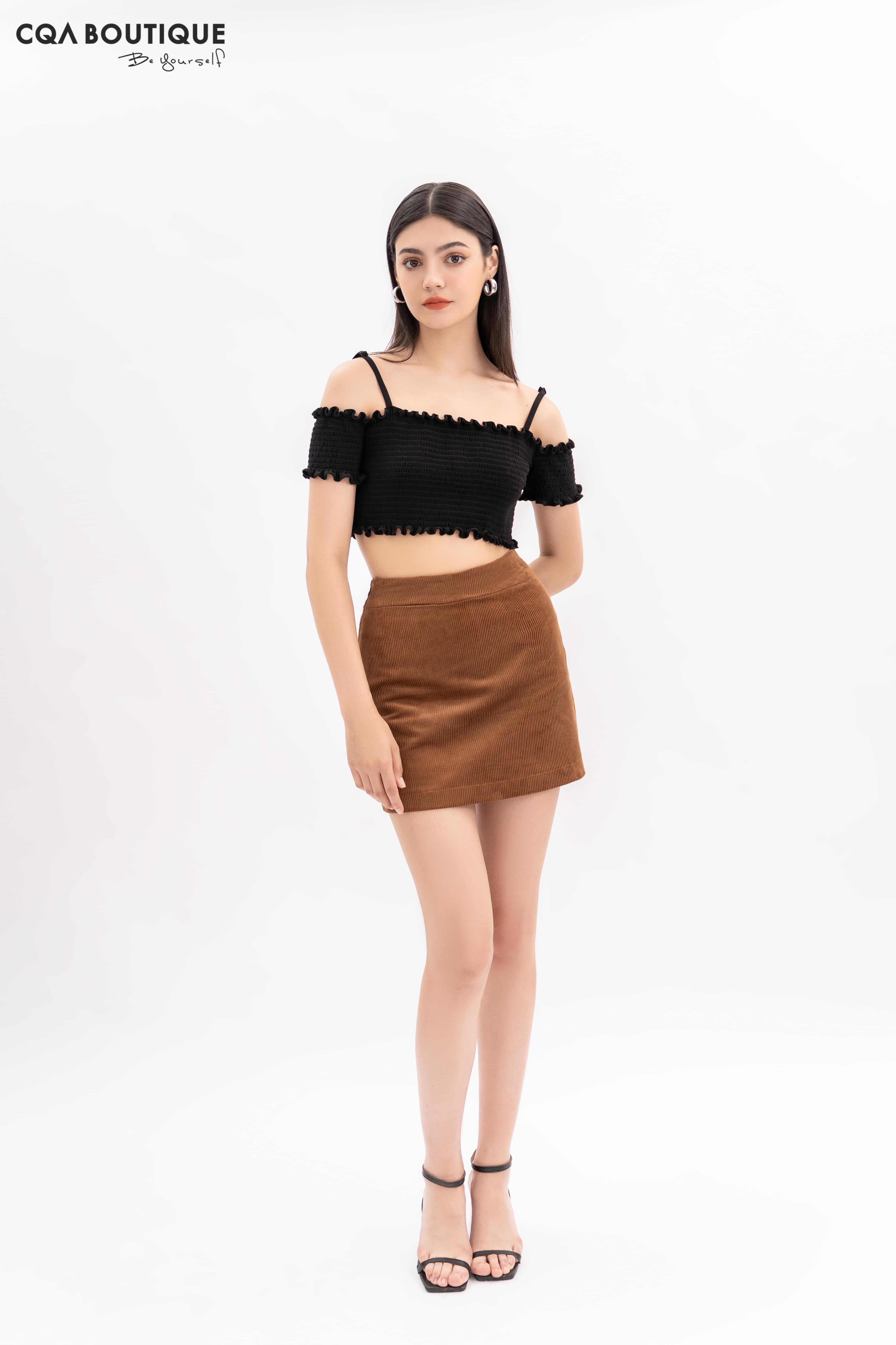 Chân Váy Ngắn Nhung Gân CQA0102-A Màu Nâu