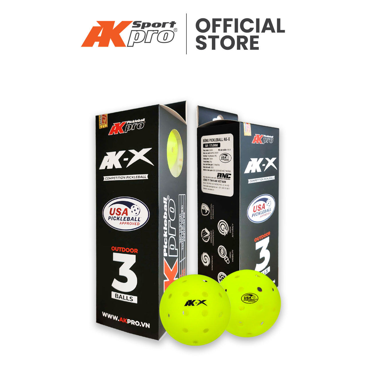 Hộp 3 bóng Pickleball AK-X - Tiêu chuẩn USAP - 40 lỗ và 48 lỗ