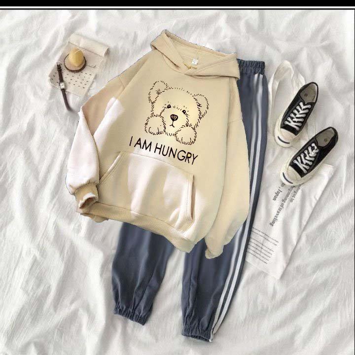 Set bộ áo hoodie nam nữ gấu nâu hunry chất nỉ bông siêu dày , phom rộng size từ 37 đến 65kg kèm quần 2 sọc bo xám