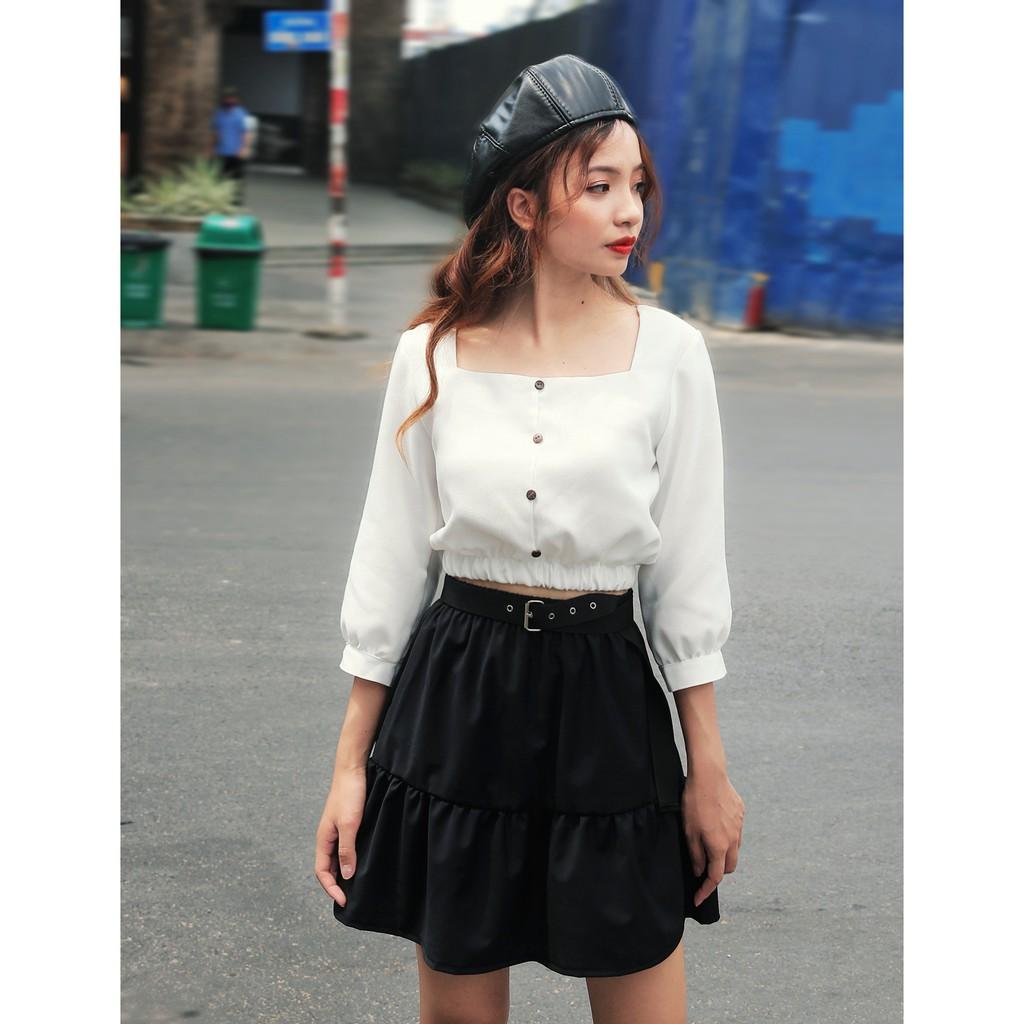 Áo sơ mi croptop cổ vuông phối khuy tay dài DALLA