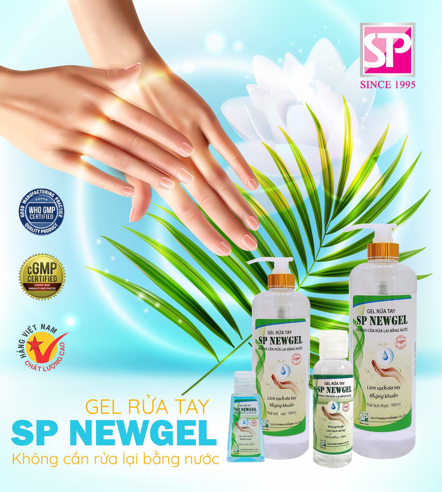 Gel rửa tay khô kháng khuẩn SP NewGel 50/100ml tiện dụng, nước rửa làm sạch da tay và tiêu diệt vi khuẩn hiệu quả, không cần rửa lại bằng nước - hàng Việt Nam Chất Lượng Cao được chứng nhận FDA