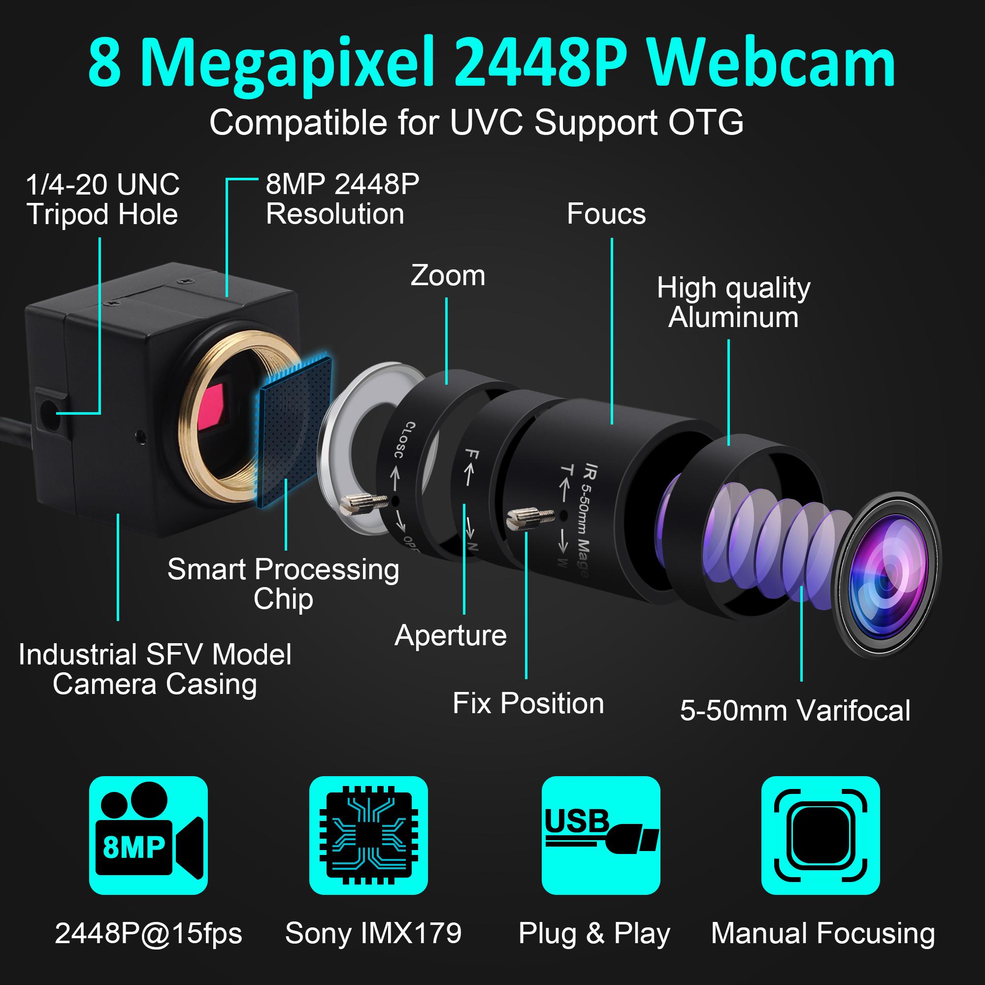 ELP 8MP 4K 3264X2448 IMX179 Webcam USB 5-50mm Ống kính Varifocal CS Hd USB Công Nghiệp Mini Camera Giám Sát Bên Trong Camera USB