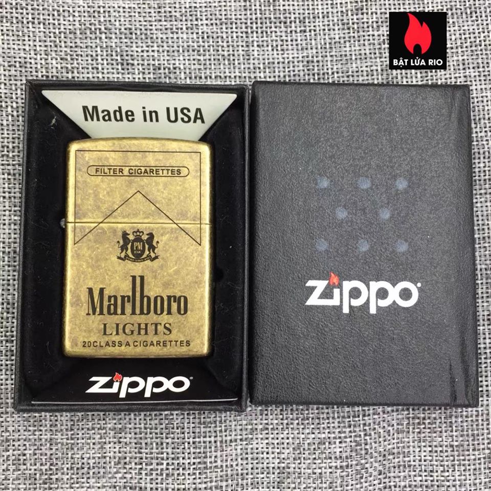 Bật Lửa Zippo Đồng Vàng Giả Cổ 201Fb Khắc Marlboro Light 5 Mặt – Zippo 201Fb.Marl