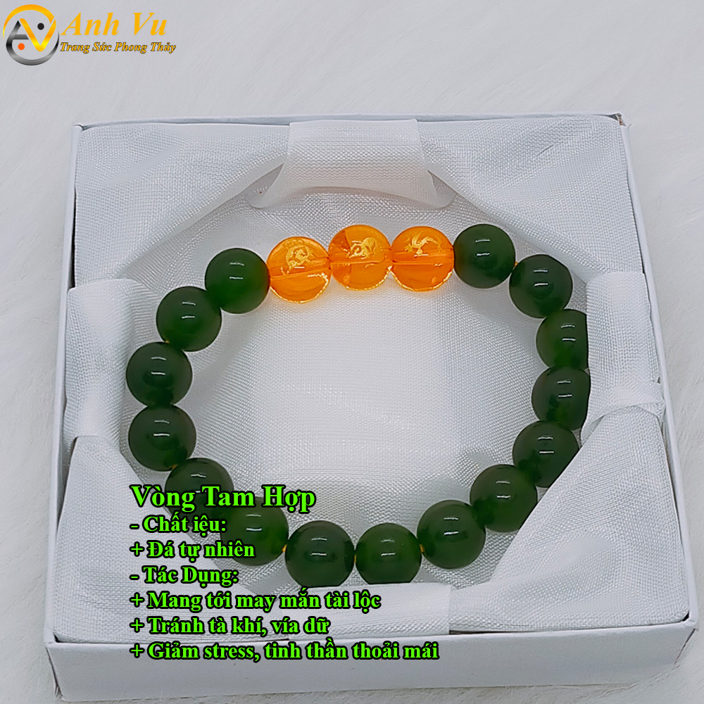 Vòng đá mã não xanh lục chất liệu tự nhiên - Vòng tam hợp quý nhân thân tý thìn cho nữ - May mắn tài lộc