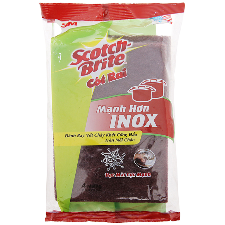 Gói 4 Miếng Chữ Nhật Cước cọ rửa Scotch Brite 3M 7447 Mạnh hơn inox