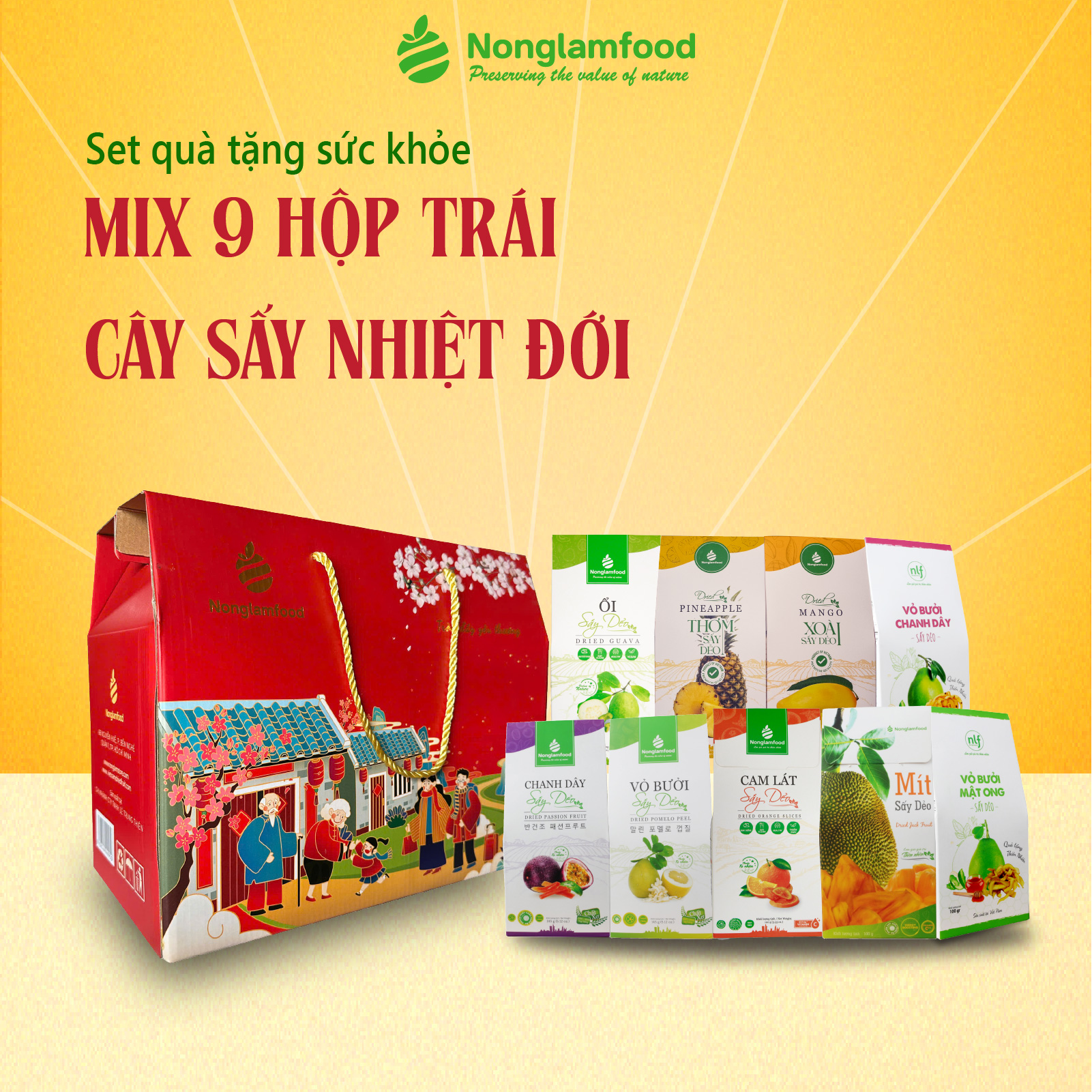 [BỘ QUÀ TẾT 2025] Set quà tết Xuân Bừng Lộc mix 9 hộp trái cây đủ vị Nonglamfood | Bộ quà tặng người thân, bạn bè, doanh nghiệp, đối tác