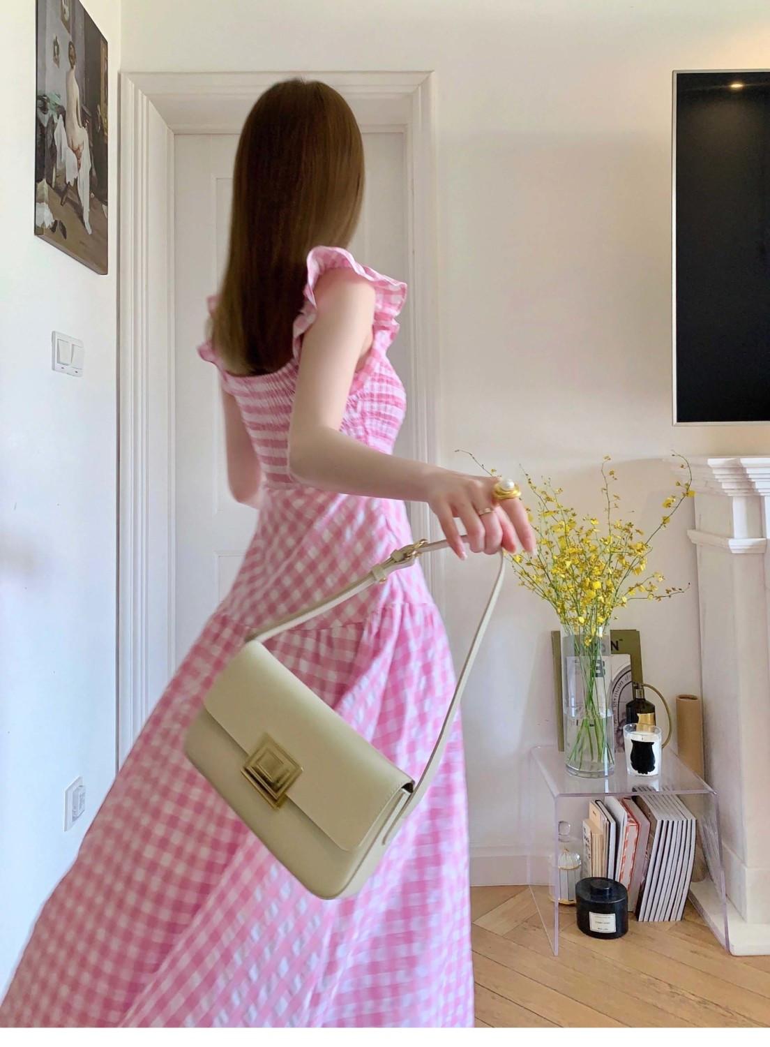 TOBE1SHOP Cao cấp bông màu hồng kẻ sọc ăn mặc cho phụ nữ Pháp retro nhỏ thiết kế cao cấp giảm tuổi váy dài dễ thương