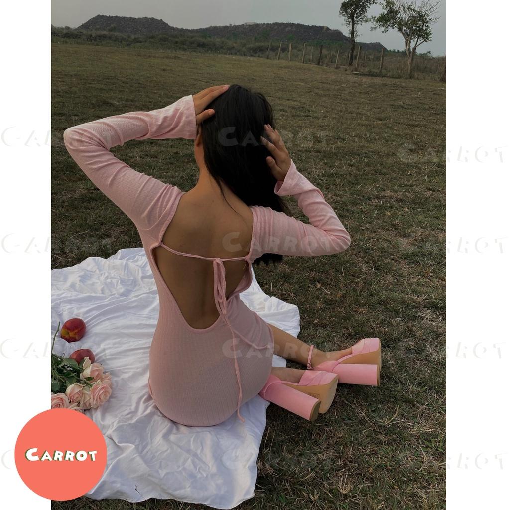 Đầm body hở lưng sexy váy ôm hồng sang chảnh cá tính khoét lưng tay dài thun co giãn tốt đi chơi carrotxinhdep-