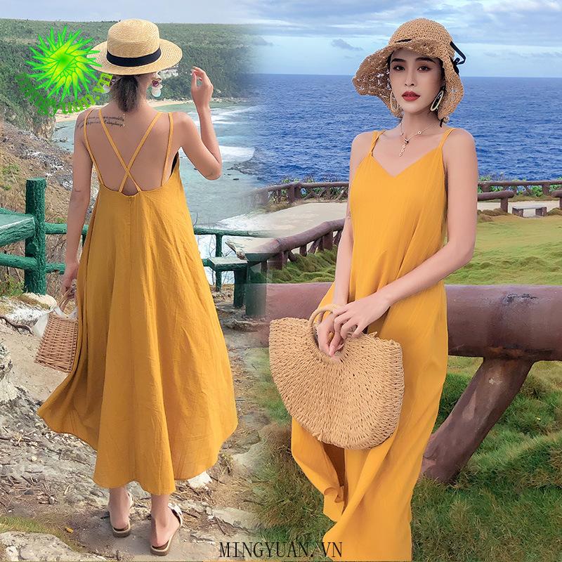 Đầm Dây Nữ Cộc Tay Lưng Trần Form Dài Thời Trang Hàn